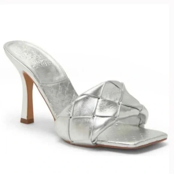 Vince Camuto Brelanie Silver Leather Braided Strap Heeled Slide Sandals | 8.5 - Picture 2 of 15